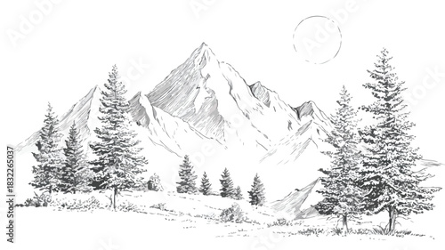 Scenic Mountain Landscape with Trees and Clouds Vector Illustration