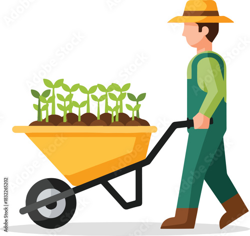 Farmer pushing a wheelbarrow filled with soil and green plant seedlings