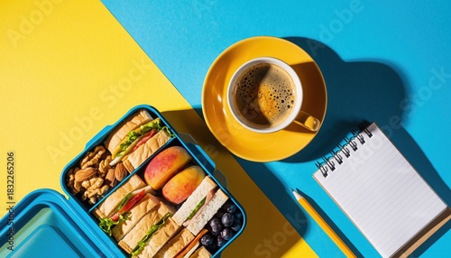 Delicious Day at Office: Overhead perspective of a breakfast composition features a vibrant spread. The scene, shot from above, captures a cup of coffee.