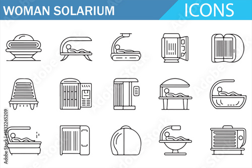 Professional tanning salon machines line icon pack isolated on white