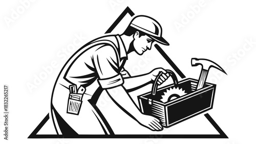 “Carpenter with toolbox, black vector illustration, simple icon style, clean geometric shapes, construction and woodworking theme, transparent background.”