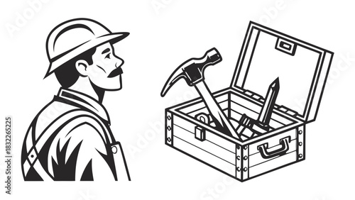 “Carpenter with toolbox, black vector illustration, simple icon style, clean geometric shapes, construction and woodworking theme, transparent background.”