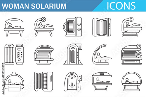 Modern solarium and tanning bed linear icon collection for beauty industry