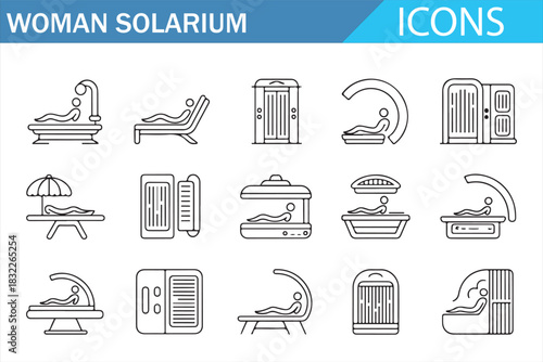 Woman solarium and tanning salon equipment outline icon set for beauty and wellness design