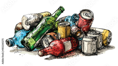 Pile of Bottles and Cans on White Background - Recycling Concept