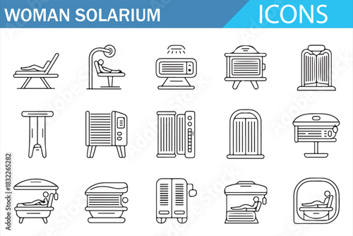 Tanning bed and solarium machine vector icons for spa and cosmetic clinics