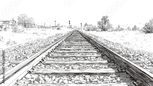 Detailed Drawing of Railroad Track with Train Passing Through Center