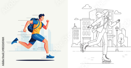 Flat Vector Illustration of Runner and Line Art of Rollerblader in City