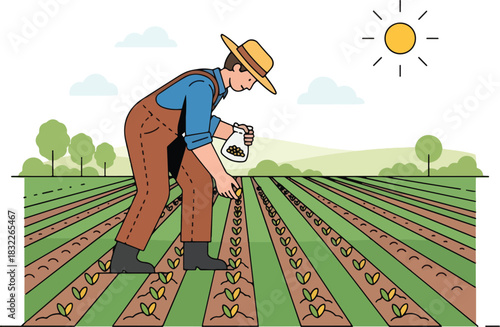 Farmer sowing seeds in neat rows under a bright sun