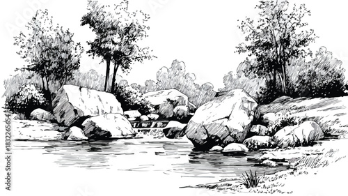 River Landscape with Trees and Rocks Background Drawing