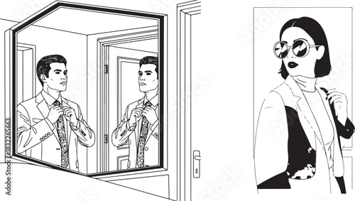 Monochrome Vector Art Portraying Business Readiness and Chic Female Elegance