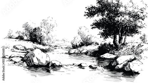 Serene Landscape with River, Trees, and Rocks - Vector Illustration