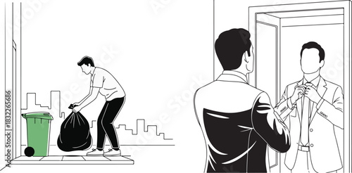 Vector Illustration of Daily Routines: Casual Outdoor Chore and Formal Indoor Preparation