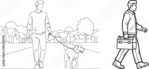 Monochrome Vector Illustration of Man Walking Dog and Worker with Toolbox