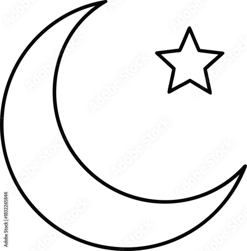 Crescent moon and star outline line art icon design isolated on transparent background
