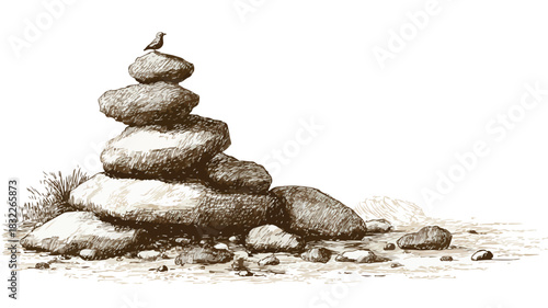 Unique Drawing of Balanced Rock Formation with Small Stone on Top