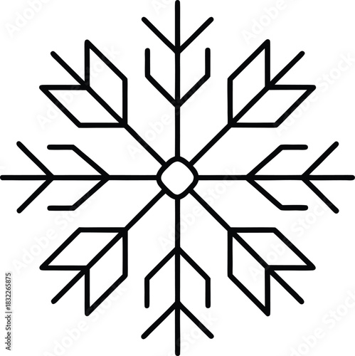 Minimalist black outline snowflake graphic element isolated on transparent background