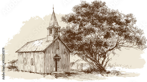Serene Hand-drawn Sketch of a Charming Wooden Church with Tree in Background