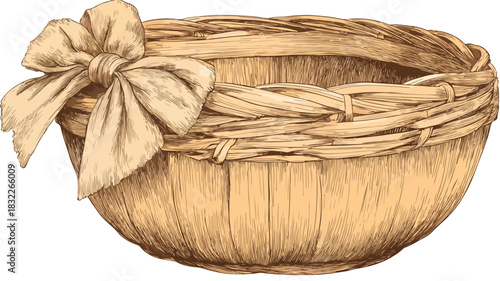 Rustic Straw Basket with Elegant Ribbon, Hand-Drawn Vector Illustration