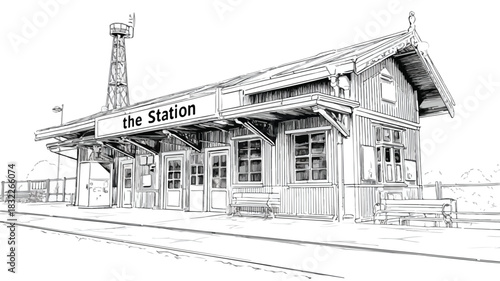 Detailed Drawing of Train Station with Sign 'The Station'