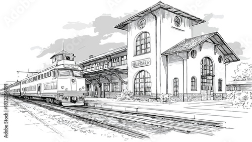 Train Station Drawing with Train on Left Vector Illustration