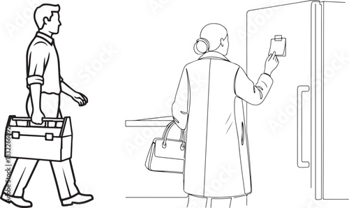 Monochromatic Line Art of Man with Toolbox and Woman by Fridge