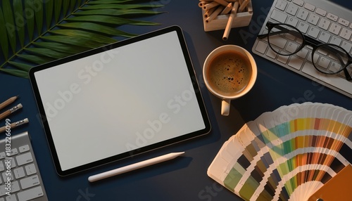 Creative Workspace: A top-down view captures an organized workspace. A blank tablet serves as the centerpiece, alongside color palette, office equipment and elements.