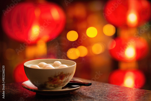 Tang yuan dessert in porcelain bowl with steam rising, set on wooden table with festive red lanterns and warm bokeh lights in background, creating cozy atmosphere