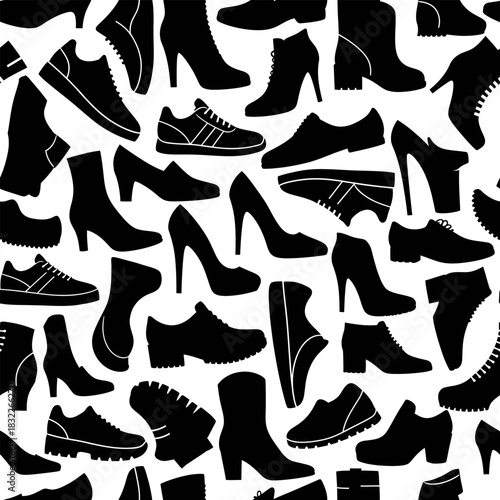 Seamless pattern of black shoes silhouettes fashion footwear vector background design for shoe store promotion