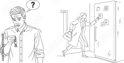 Monochromatic Line Art Depicting Forgetfulness and Everyday Organization