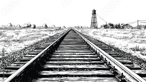 Detailed Drawing of Train Track with Train in Background