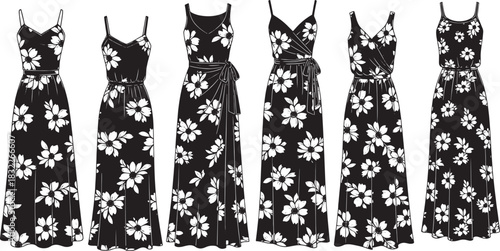 Six black maxi dresses with white floral patterns and spaghetti straps floral print black dress