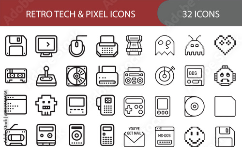 Retro pixel art line icons for vintage technology and gaming