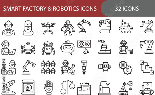 Smart factory and robotics Line icons collection for industry automation