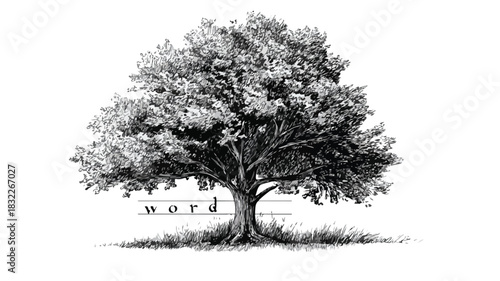 Artistic Tree Drawing with Word 'Qu' for Creative Projects and Designs