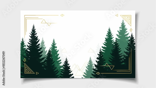 A frame of evergreen trees with geometric gold accents on a white background landscape design