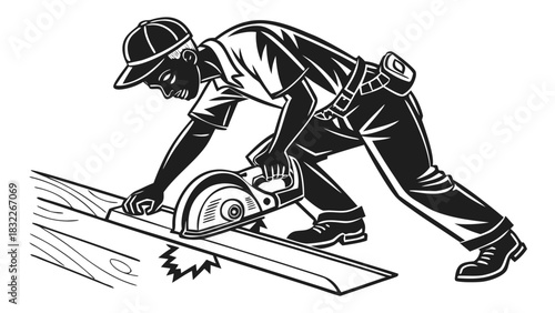 “Black carpenter using a saw, dynamic pose, sharp vector edges, woodworking action scene, minimalist black artwork, high-quality SVG style.”