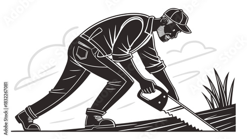 “Black carpenter using a saw, dynamic pose, sharp vector edges, woodworking action scene, minimalist black artwork, high-quality SVG style.”