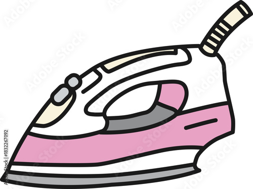 家庭の家事や洋裁で使うピンクとグレーのモダンな蒸気アイロンのイラスト
