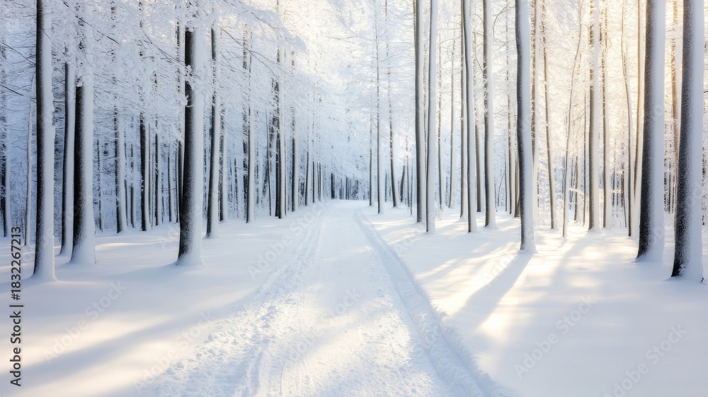 Naklejka premium Snowy Forest Path Winter Wonderland Scenery, Winter, Trees