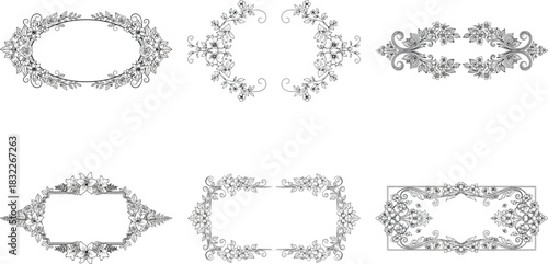 Collection of six ornate vintage frames with floral elements isolated on transparent background, perfect for adding a touch of elegance