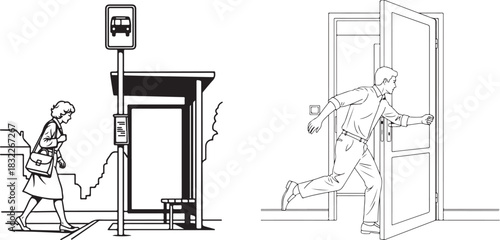 Black and White Line Art Illustrations of People Commuting and Rushing