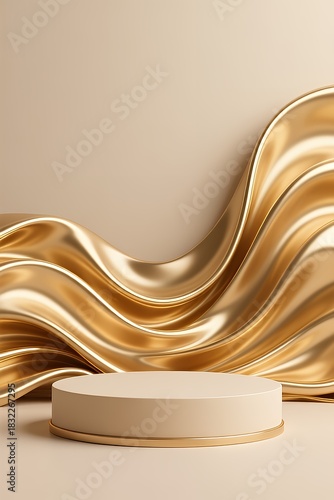 Luxury background for branding and product presentation. Darck color podium on gold fabric flying wave. 3d rendering illustration.