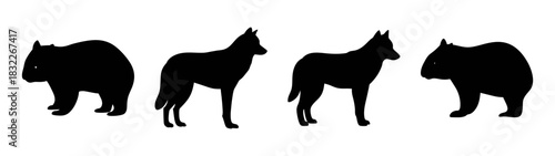 Four animal silhouette vector art design featuring canine and bear like shapes for wildlife projects