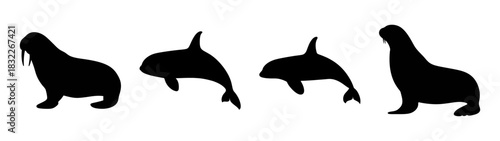 Discover black silhouette of seals and sea lions swimming in ocean wildlife animal marine life art