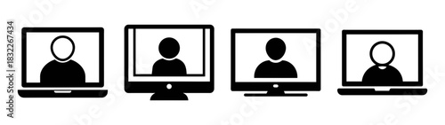 Remote communication devices showing people for video conferencing and online meetings concept