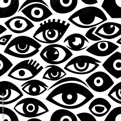 Black and white eye pattern seamless vector design for textile fabric and print background wallpaper art