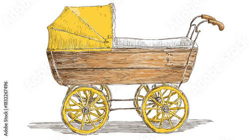 Vintage Wooden Baby Carriage with Yellow Wheels Vector Illustration