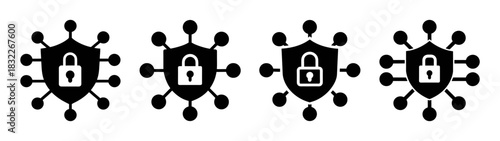 Cybersecurity shield lock icons for data protection and network security technology illustration