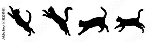 Four black cat silhouettes jumping and playing vector illustration animal pet feline art design